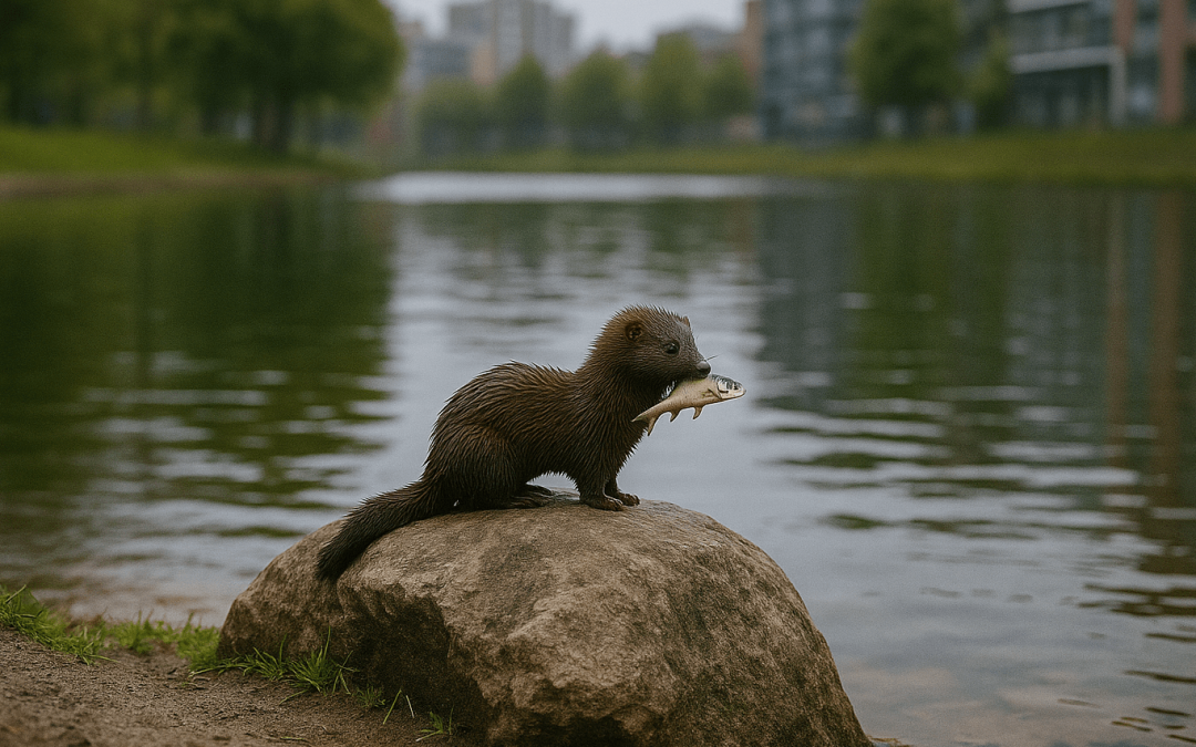 Young mink standing on a rock by an urban pond holding a freshly caught fish in its mouth.