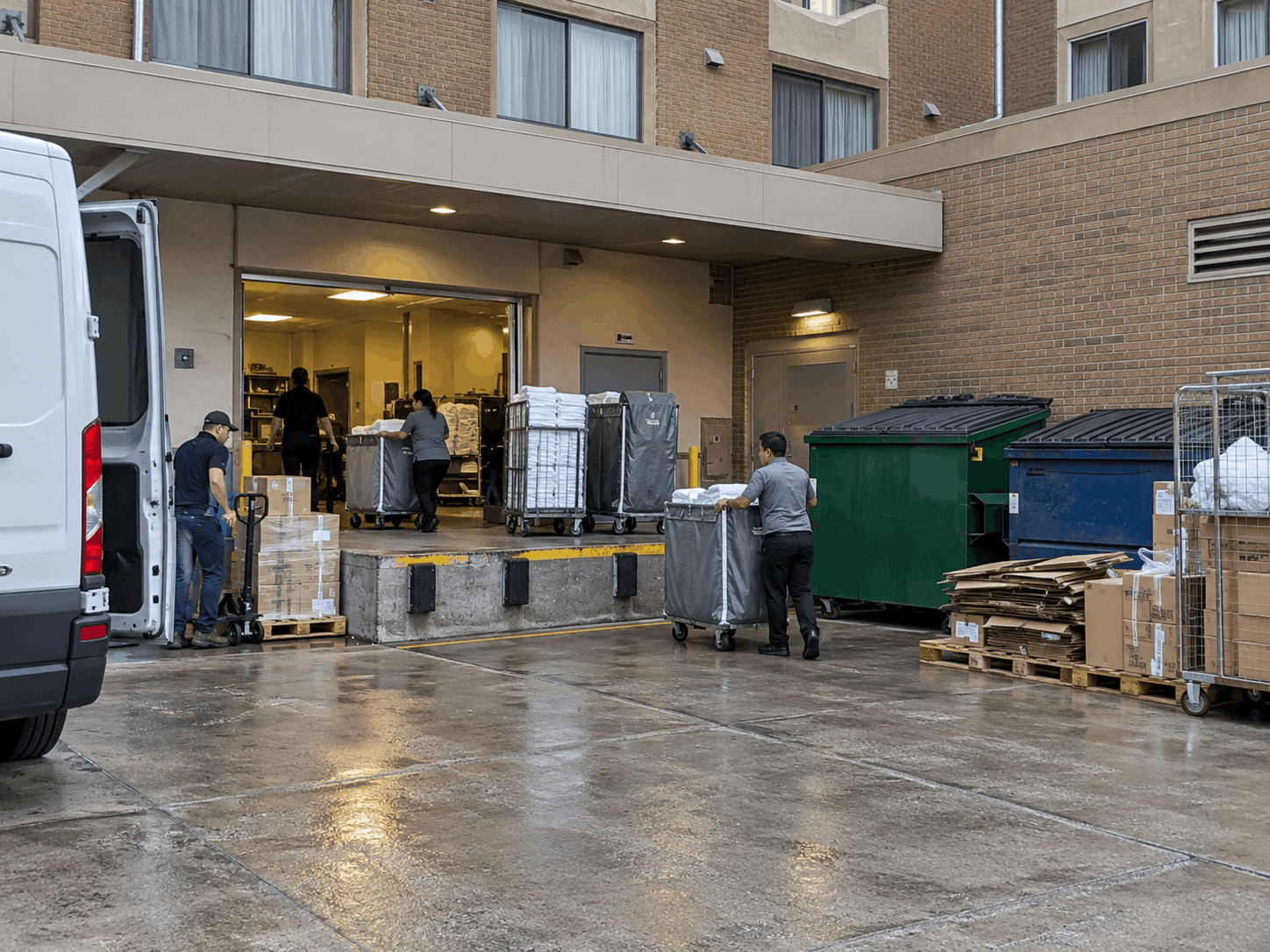 Hotel staff moving supplies and linen carts at a loading dock beside dumpsters and stacked cardboard.