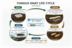 Diagram showing fungus gnat life cycle from egg to larva to pupa to adult in soil