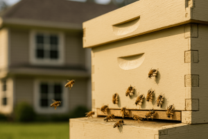 Honeybees entering and exiting a hive box in a backyard with a house softly blurred in the background.