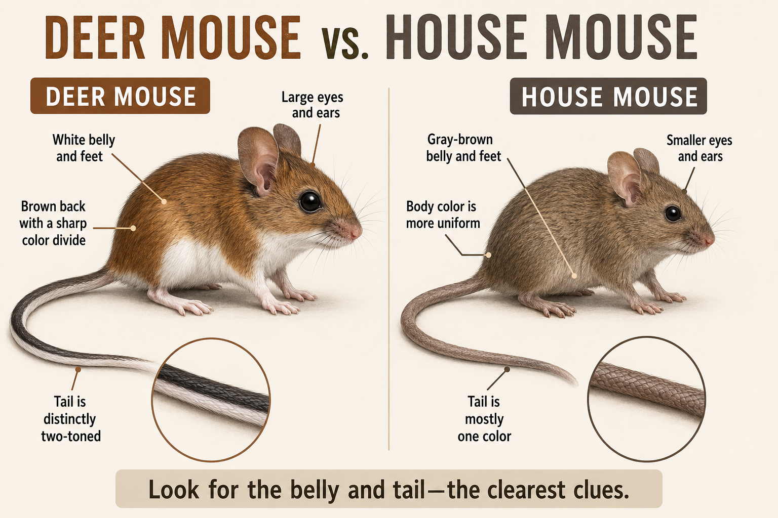 Deer mouse and house mouse identification infographic comparing belly color, feet, eyes, ears, body coloration, and tail markings.