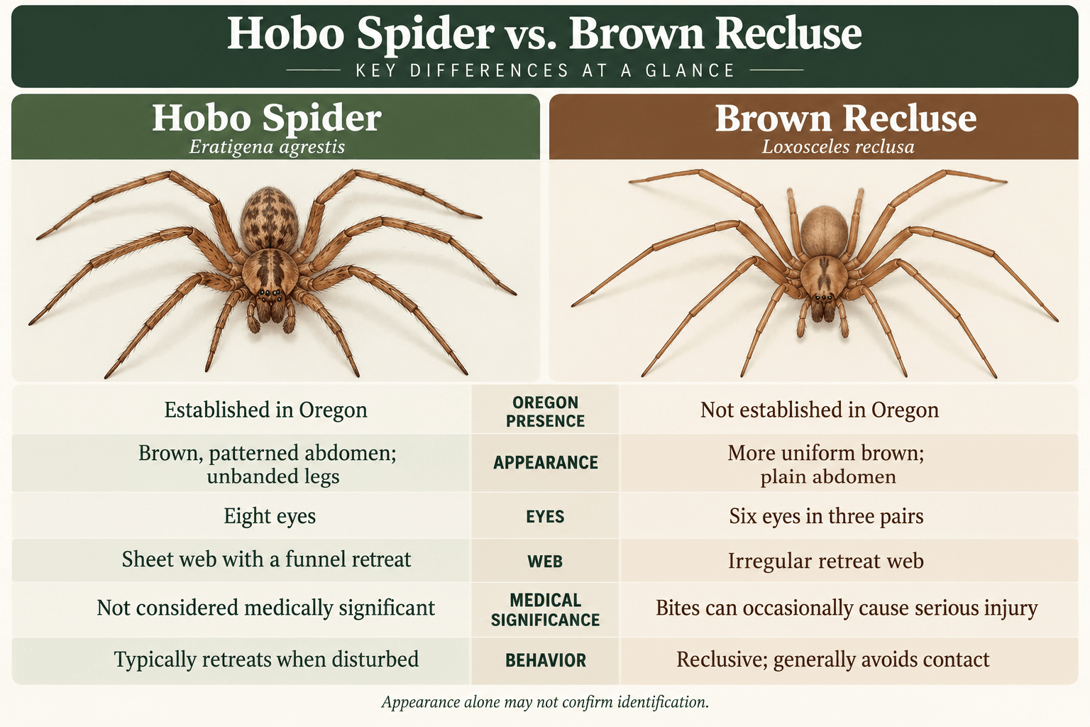 Infographic comparing hobo spiders and brown recluse spiders by Oregon presence, appearance, eyes, webs, medical significance, and behavior.