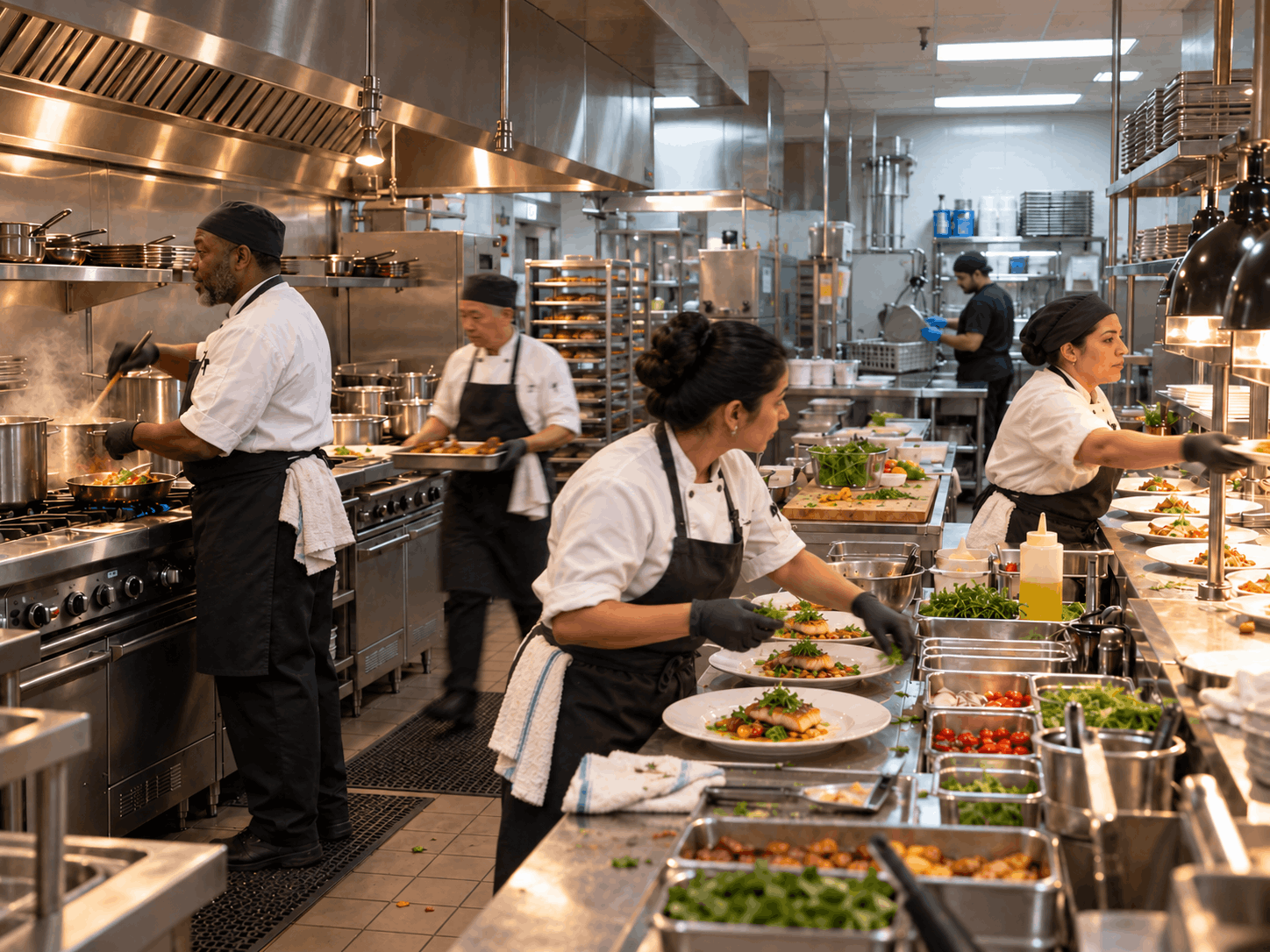 Hotel kitchen staff cooking, carrying trays, and plating meals during a busy service.