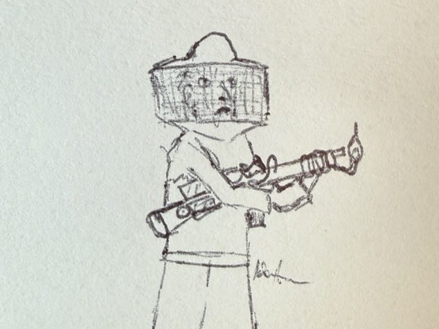 Pencil cartoon of a person wearing a beekeeper’s veil and holding a flamethrower.