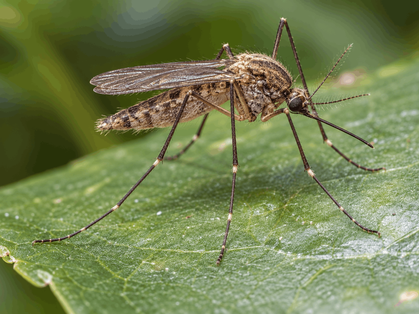 Close-up macro photograph of a mosquito resting on a green leaf.