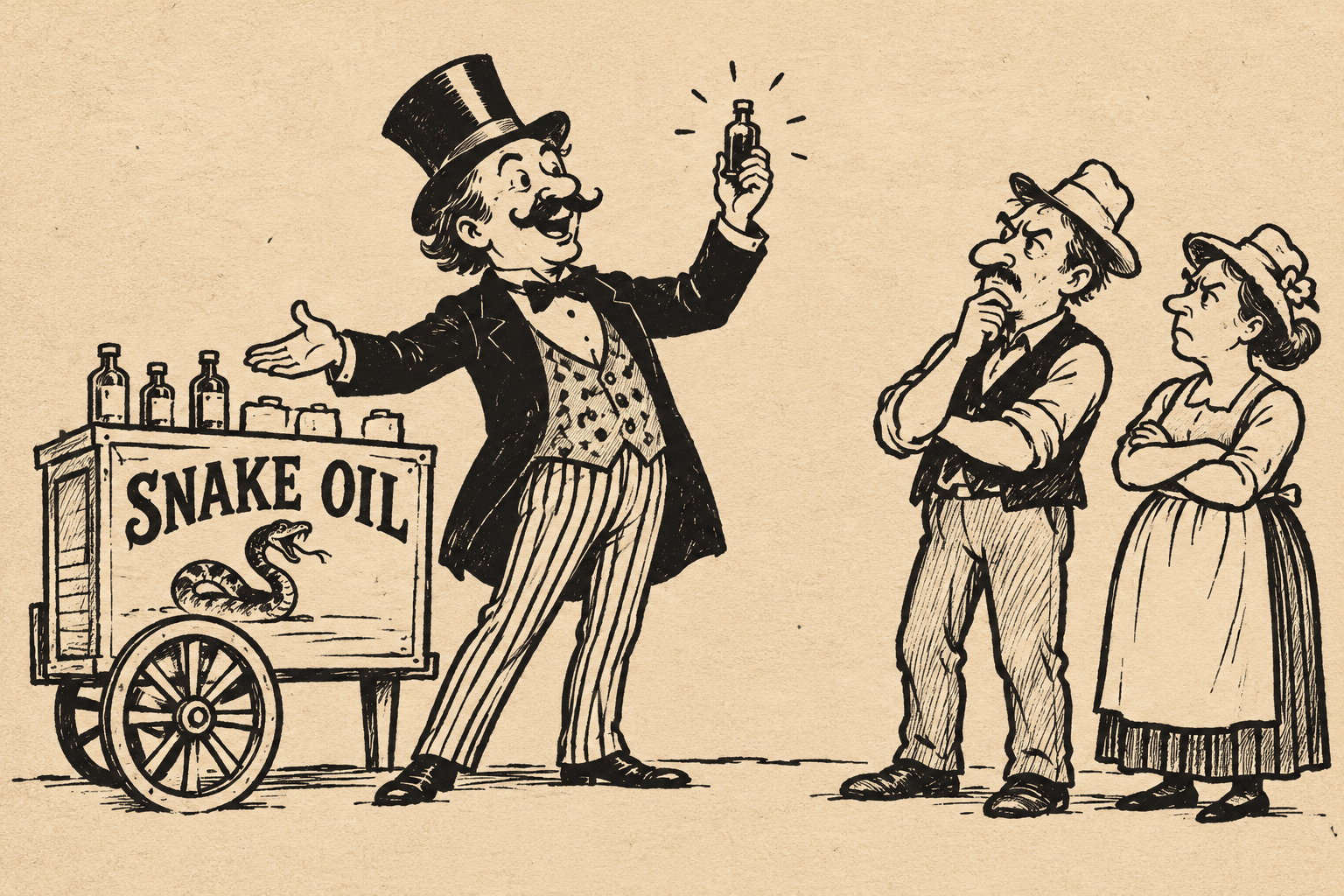 Old newspaper-style cartoon of a snake oil salesman raising a bottle beside his cart as two skeptical customers watch.