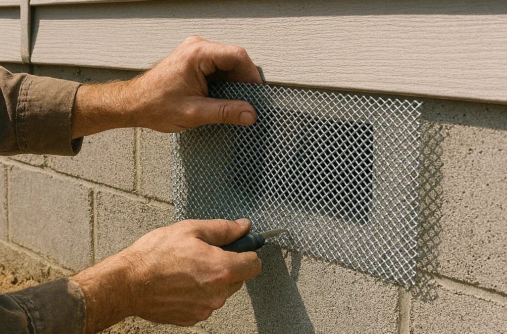 A pest control technician installs aluminum mesh over a foundation vent to prevent pest entry.
