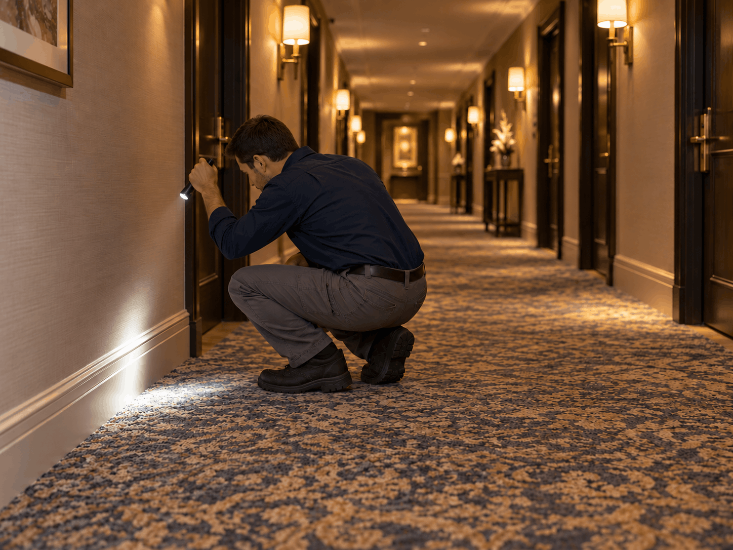 Pest service technician inspecting a hotel corridor baseboard with a flashlight.