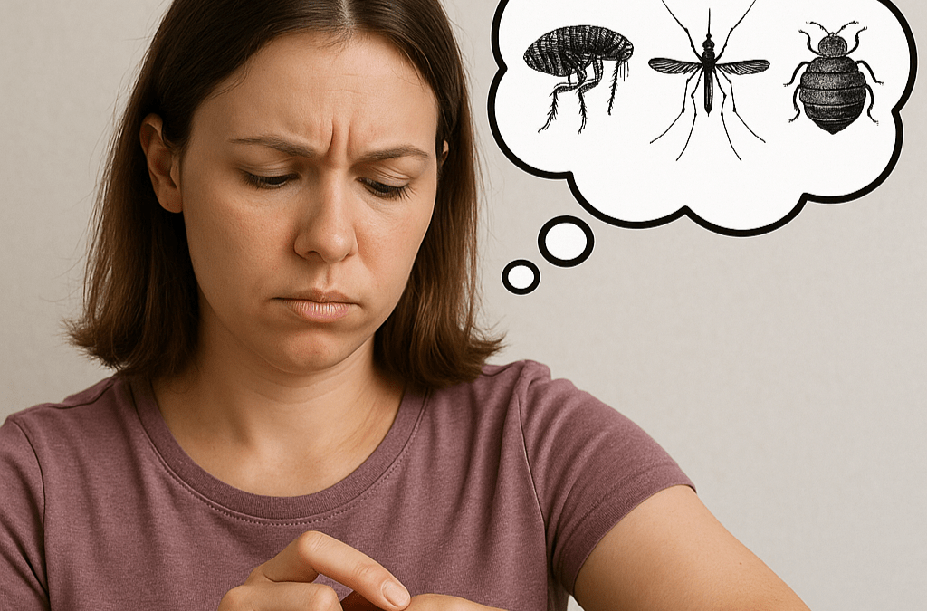 A woman examines an itchy red bump on her wrist while a thought bubble above her shows a flea, a mosquito, and a bed bug.